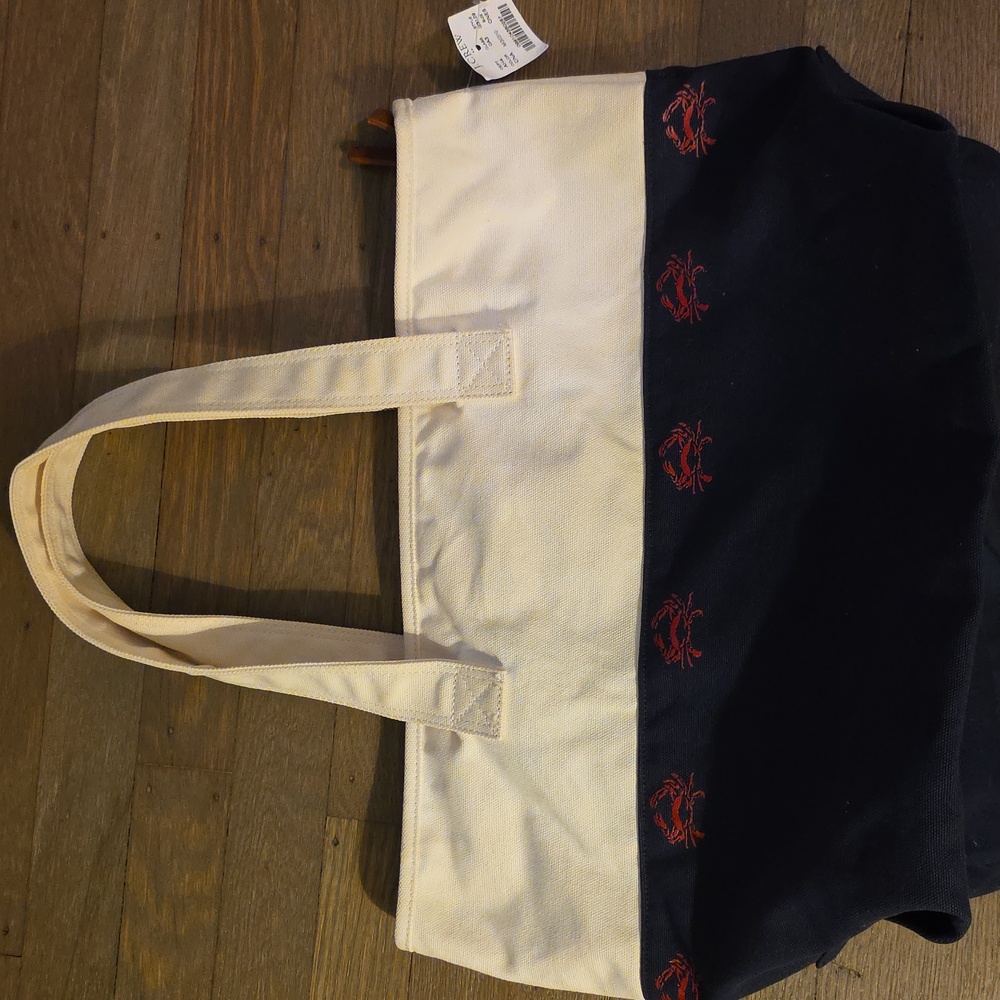 J. Crew Cream & Blue With Crabs Canvas Tote Cotton NEW